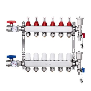 6-branch stainless steel PEX radiant heating manifold, 1/2 inch