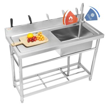 Stainless steel freestanding single bowl commercial sink with worktop, 100x48x95 cm, NSF certified
