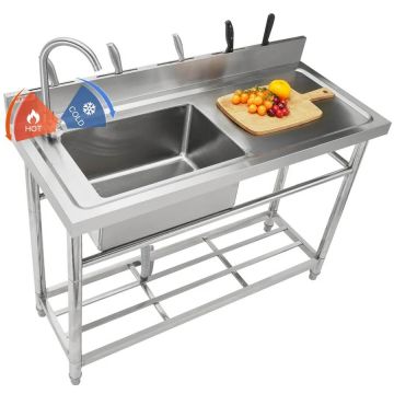 Stainless steel commercial single bowl sink with worktop, 119x50x95 cm