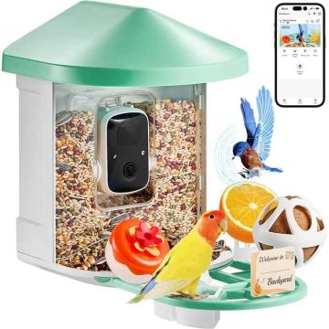 Smart bird feeder with 2K HD camera, solar powered, green
