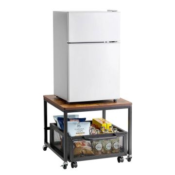 Mini fridge stand with storage box and casters, light brown