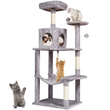 Cat tower with house and scratching post, light gray, 56 cm