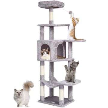 Large light gray cat trainer tower with house and scratching post