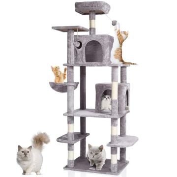 Indoor cat trainer tower, 68.5 cm, grey with sisal scratching post and houses