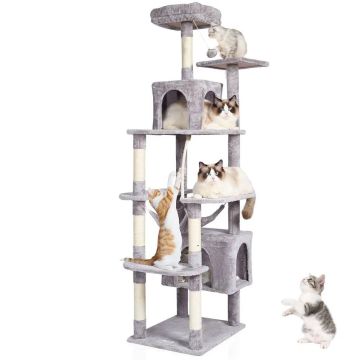 Cat trainer tower, 182.9 cm, light grey, 2 houses, sisal scratching post