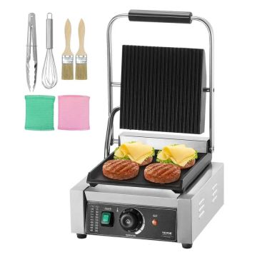 Commercial electric panini grill, stainless steel, 1800 W, 9"x9" plate