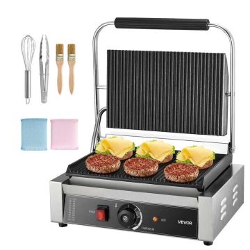 Electric commercial panini grill, 2200 W, stainless steel, 34x23 cm enameled plate