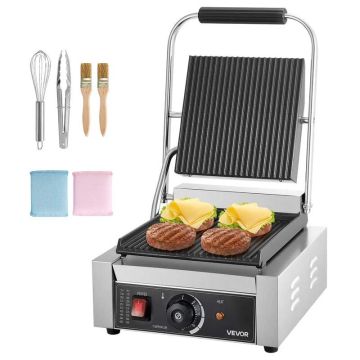 Electric commercial panini grill, 1800 W, stainless steel, 22x23 cm