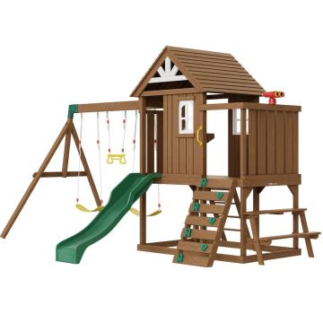 Wooden outdoor playground set with swings and slide