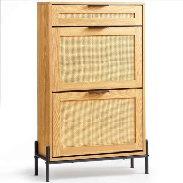 Slim rattan shoe cabinet with drawers, metal legs, light wood
