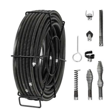 Kabel do czyszczenia kanalizacji segmentowy 30,5 m x 1,6 cm z 7 końcówkami do cięcia rur