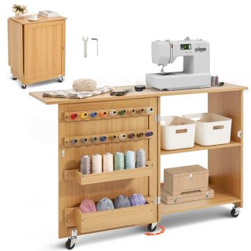 Folding wooden sewing table with wheels and storage compartments
