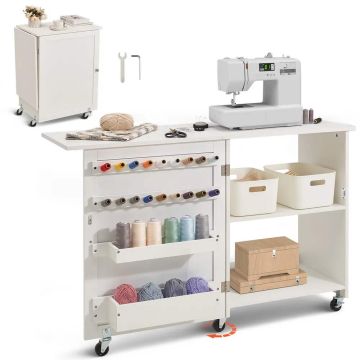 Folding multi-function sewing table with wheels, white
