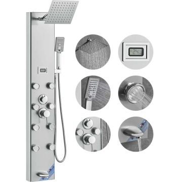 Shower panel system with 6 modes, stainless steel, 59 inch hose