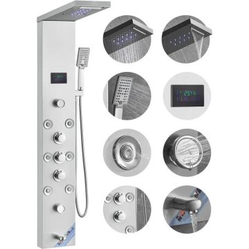 Shower panel system with LED display, 6 modes, stainless steel