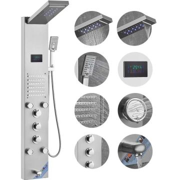 Shower panel with 6 modes, LED display, stainless steel set