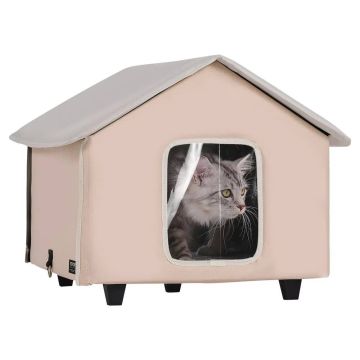 Raised Heated Outdoor Cat House with Timer, 600D Oxford Fabric, Brown