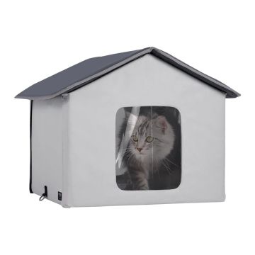 Heated outdoor cat house with 600D oxford fabric and mat, gray