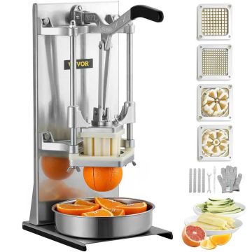 Commercial potato slicer with 4 interchangeable blades and apple corer, extended handle