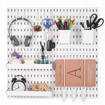 White perforated plastic board set 11x11 cm, 4 pcs., wall organizer for garage and home