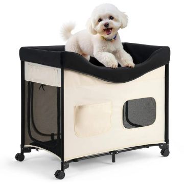 Raised double-deck dog and cat bed XL, 600D oxford and Dutch velvet, beige, foldable with wheels and storage compartments