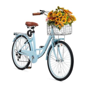 Cruiser bike, 7 gears, 24 inches, light blue, with basket and rack