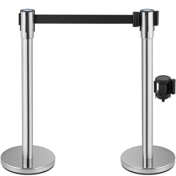 Silver crowd control barrier with 2m black belt, 2-piece set