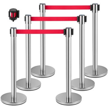 Silver 6-piece crowd control barrier with red belt, 2 m