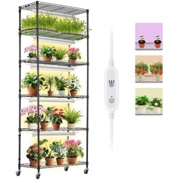 Plant stand with 6-tier shelf and 150W LED grow light, 3 modes, timer, casters, 70.9 in. height