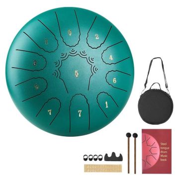 Steel reed rain drum 25.4 cm, green, with music book and mallets