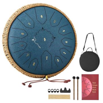 Steel reed rain drum, 30.5 cm, dark blue, with music book and hammers