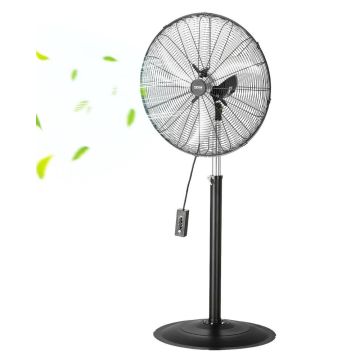 Industrial 24-inch pedestal fan, black, height adjustable, 3 speeds