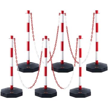 Adjustable traffic barrier posts with chain, 6 pcs., red-white