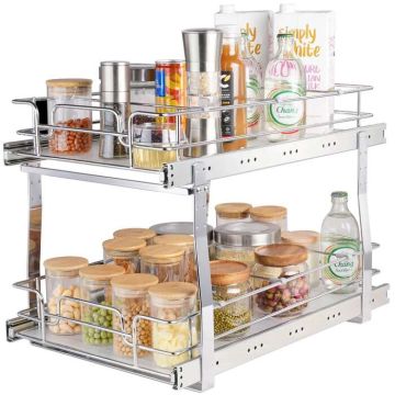Wysuwany organizer do szafki ze stali nierdzewnej, 2-poziomowy, domowy, 15,5 x 22 x 18 cali
