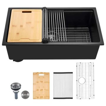 76 cm black undermount granite single bowl farmhouse sink
