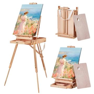 French folding beech wood easel up to 34 inches with drawer and palette