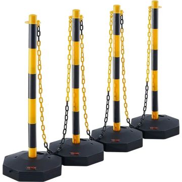 Adjustable traffic barrier bollards, 4 pcs., yellow with black, 8 ft. chain