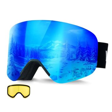 Rimless OTG ski goggles with cylindrical magnetic lenses, dark blue revo coating