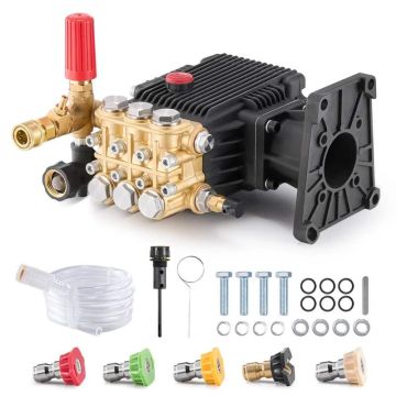 Pressure washer pump, 25.4 mm shaft, horizontal triple piston, 303 bar, 16.6 l/min, with 5 nozzles