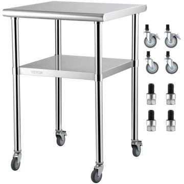 Stainless steel workbench, 61x61x91 cm, adjustable shelf, casters