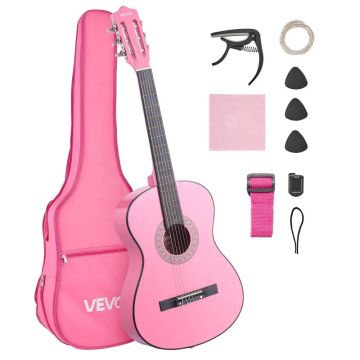 Klasyczna gitara drewniana 960 mm różowa z akcesoriami dla początkujących