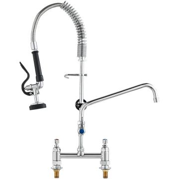 Commercial countertop kitchen faucet, 26" tall, brass, with pull-out spray