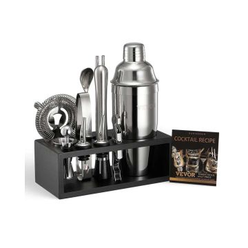 Cocktail shaker set, 13 pieces, stainless steel with bamboo stand