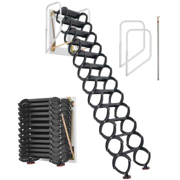 Steel folding attic ladder with handrail, 12 steps, for heights of 9.5-10 feet