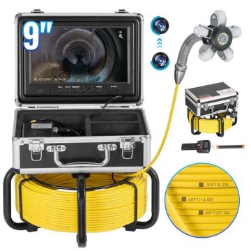 Sewer inspection camera with 512 Hz locator, 9" 1080P screen, 36× zoom, 12 LEDs, 32 GB SD card