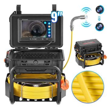 Self-leveling sewer camera with 512 Hz transmitter, 230 feet, 9" display, LED lighting and 32 GB storage