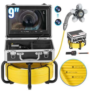 Sewer inspection camera with 512 Hz locator, 9" 1080P HD screen, 36x zoom, 12 LED lighting, 50 m cable