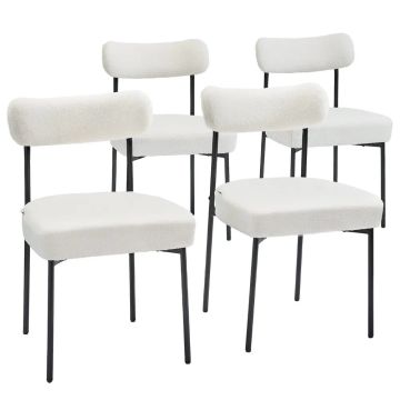 Boucle dining chair set, 4 pcs., white sherpas, black metal legs