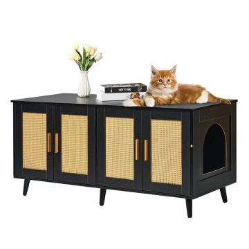 Wooden cat litter box cabinet with rattan doors, black, 119 cm