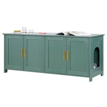Wooden cat litter box enclosure, 120 cm, green, with door and entrances